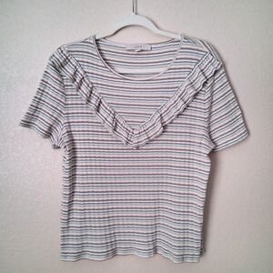 LOFT Striped Ruffle Trim Short Sleeve Shirt Flirty Girly Top XL Multicolor